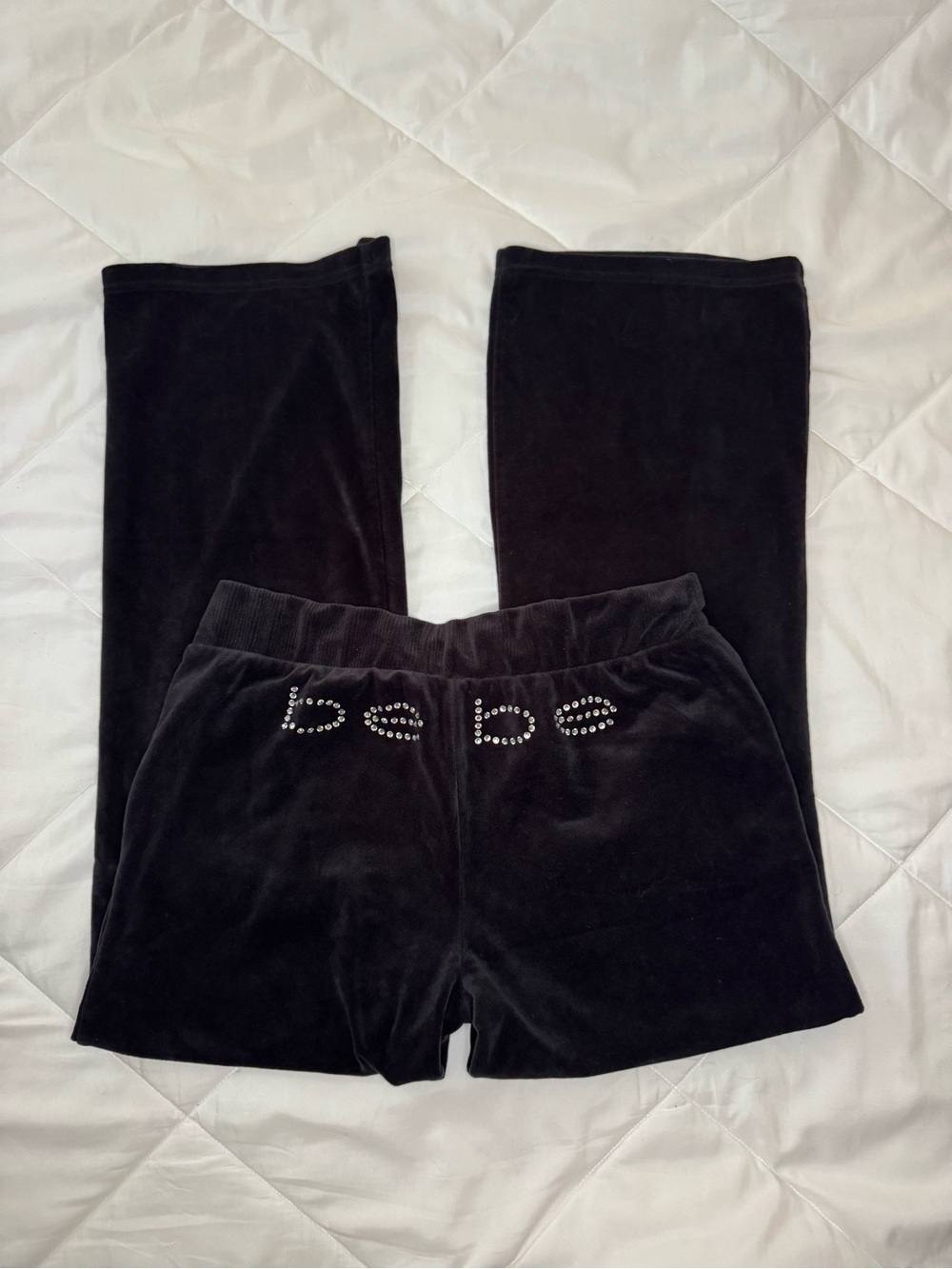 bebe Black Velour Pant with Rhinestone Logo
